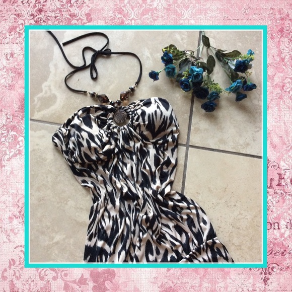 🎀 ANIMAL PRINT DRESS TRIBAL HALTER BEADED BOHO SHORT SMALL PETITE PADDED TOP - Picture 6 of 9